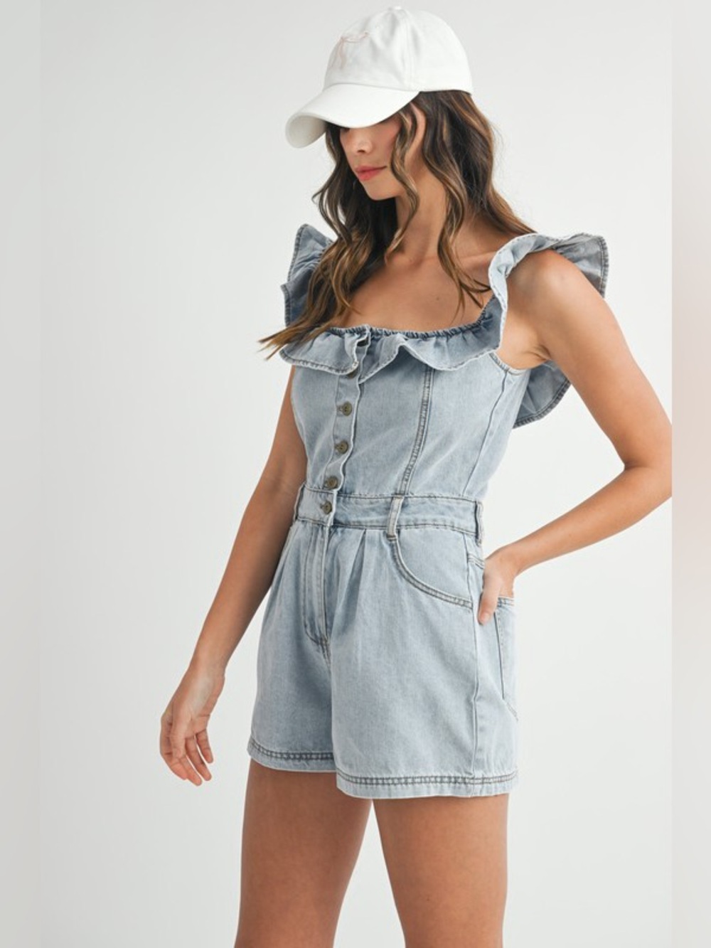 MABLE Off Shoulder Ruffle Detail Denim Romper - Picture 6 of 14